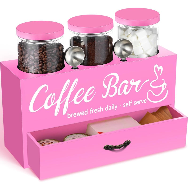 Skybooly 3 Pcs Coffee Bar Containers Set Include Coffee Sugar Container with Lid and Spoon and Double Layer Storage Box with Drawer for Bar Kitchen Countertop (Pink) - Image 1