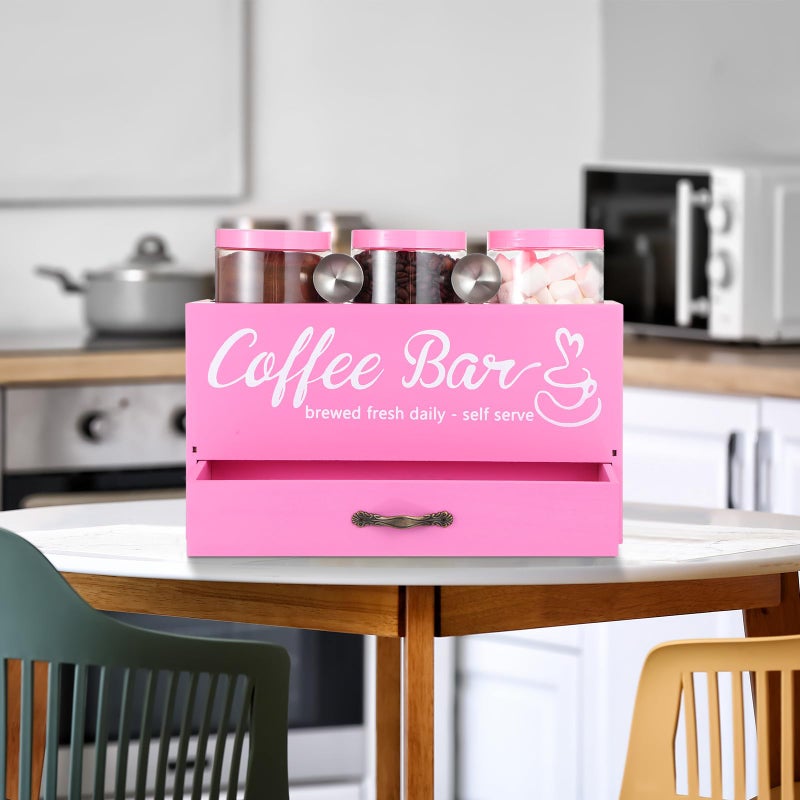 Skybooly 3 Pcs Coffee Bar Containers Set Include Coffee Sugar Container with Lid and Spoon and Double Layer Storage Box with Drawer for Bar Kitchen Countertop (Pink) - Image 4
