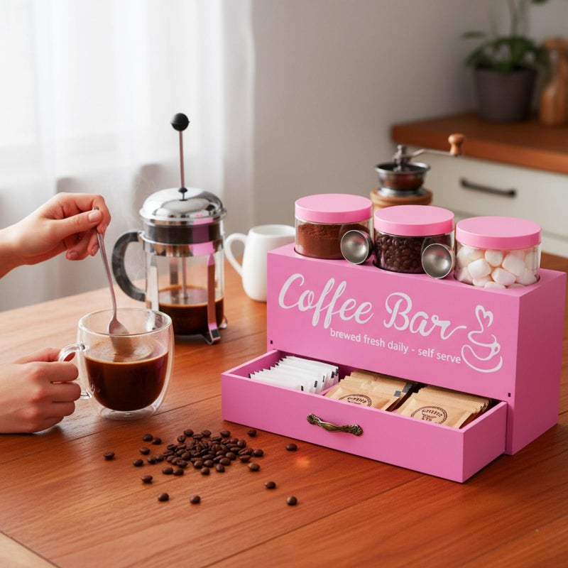 Skybooly 3 Pcs Coffee Bar Containers Set Include Coffee Sugar Container with Lid and Spoon and Double Layer Storage Box with Drawer for Bar Kitchen Countertop (Pink) - Image 5