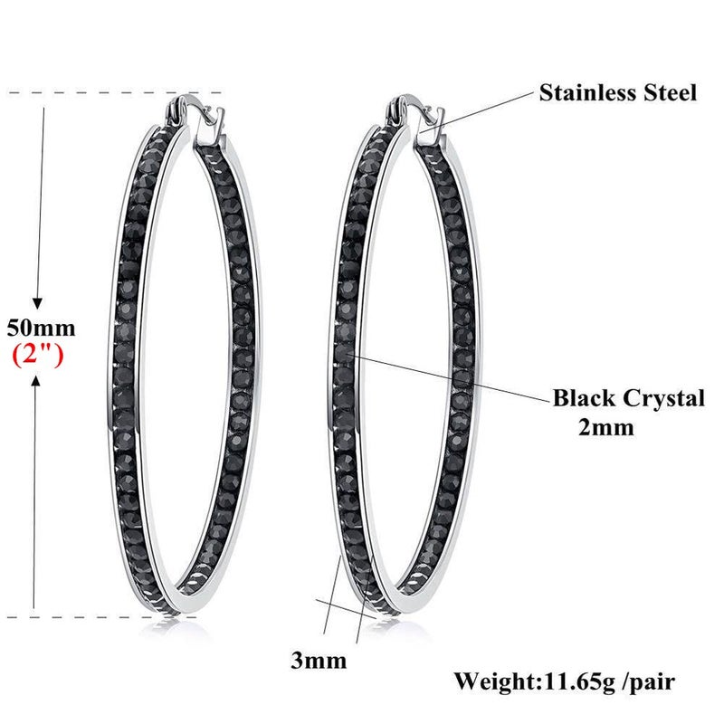 CiNily Ladies Earring Hoops-Stainless Steel Hoop Earrings for Women Black Cubic Zirconia Large Big Hoop Earrings 2" - Image 2