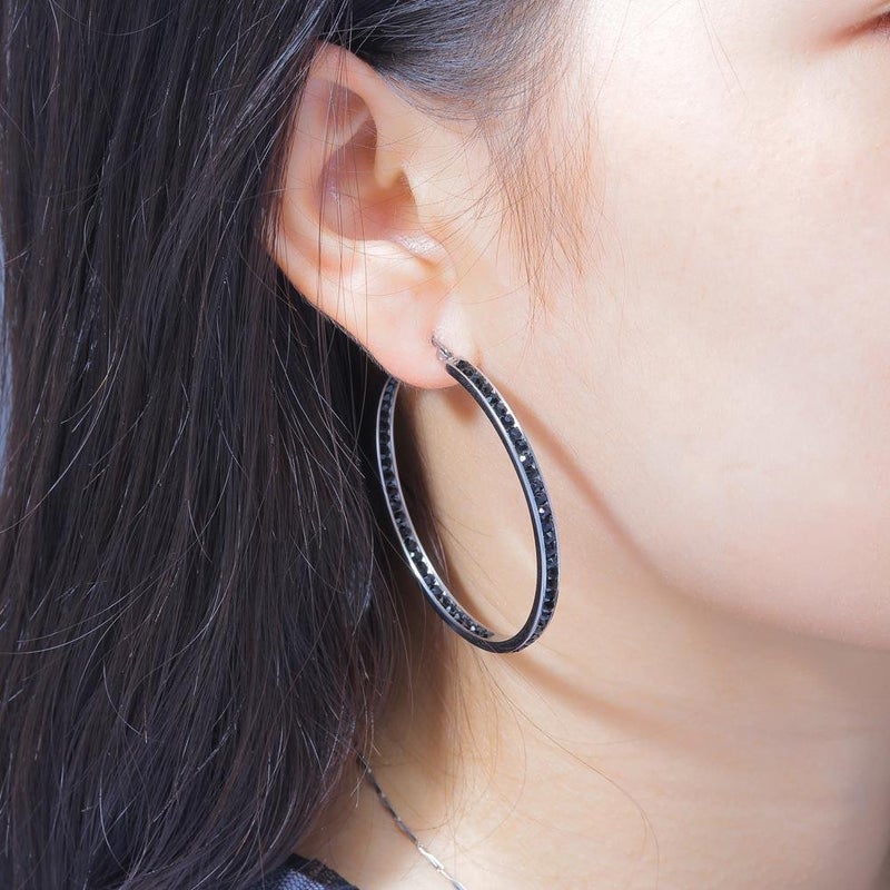 CiNily Ladies Earring Hoops-Stainless Steel Hoop Earrings for Women Black Cubic Zirconia Large Big Hoop Earrings 2" - Image 3