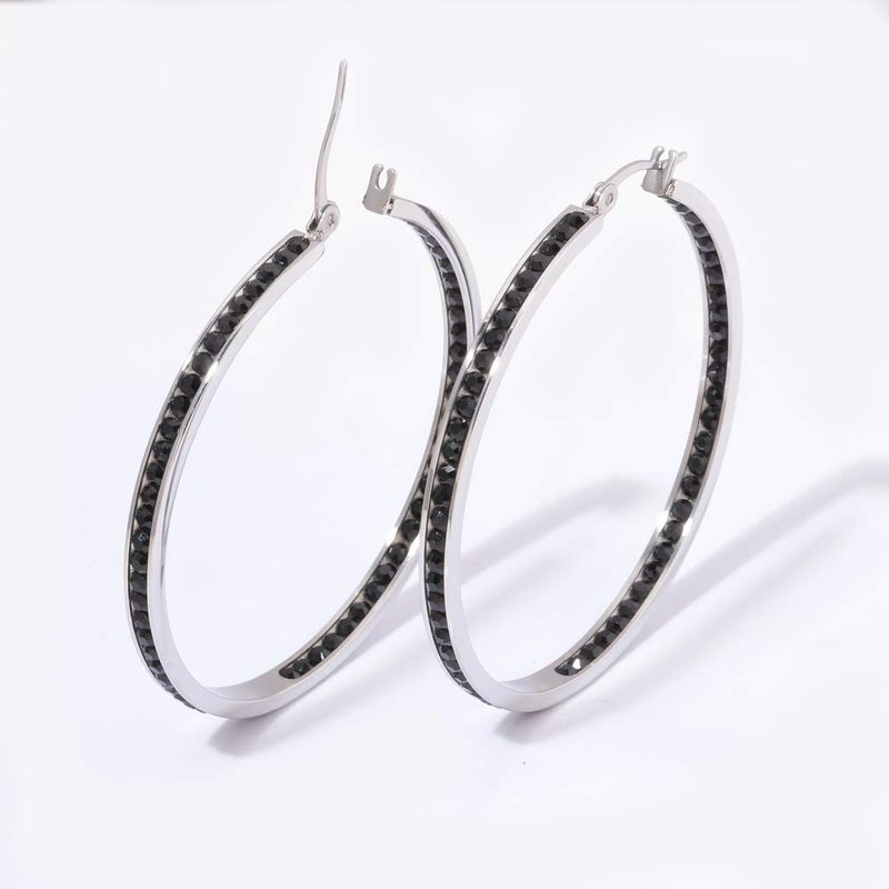 CiNily Ladies Earring Hoops-Stainless Steel Hoop Earrings for Women Black Cubic Zirconia Large Big Hoop Earrings 2" - Image 4
