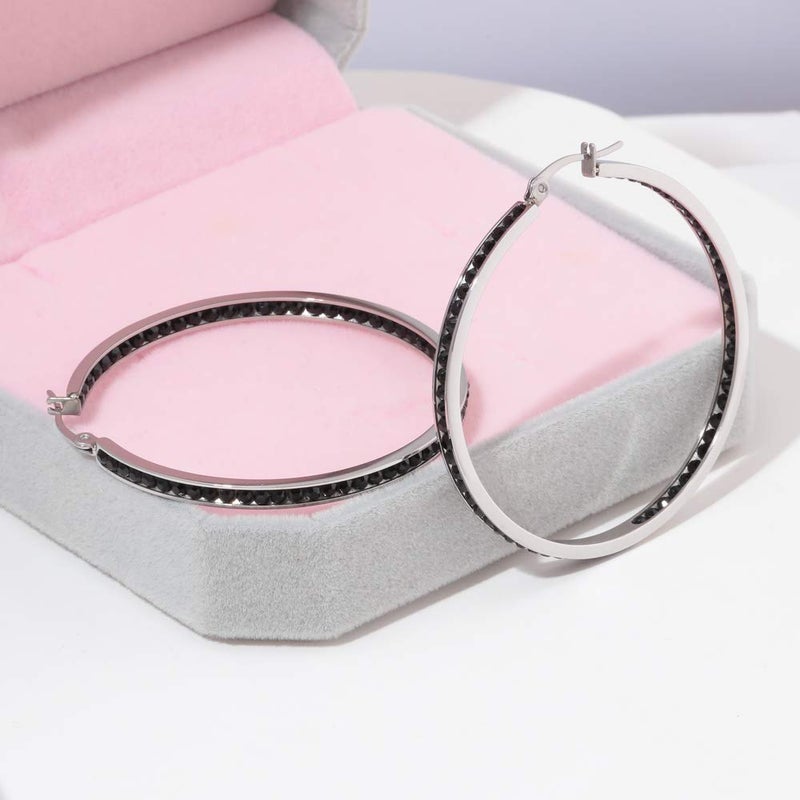 CiNily Ladies Earring Hoops-Stainless Steel Hoop Earrings for Women Black Cubic Zirconia Large Big Hoop Earrings 2" - Image 5