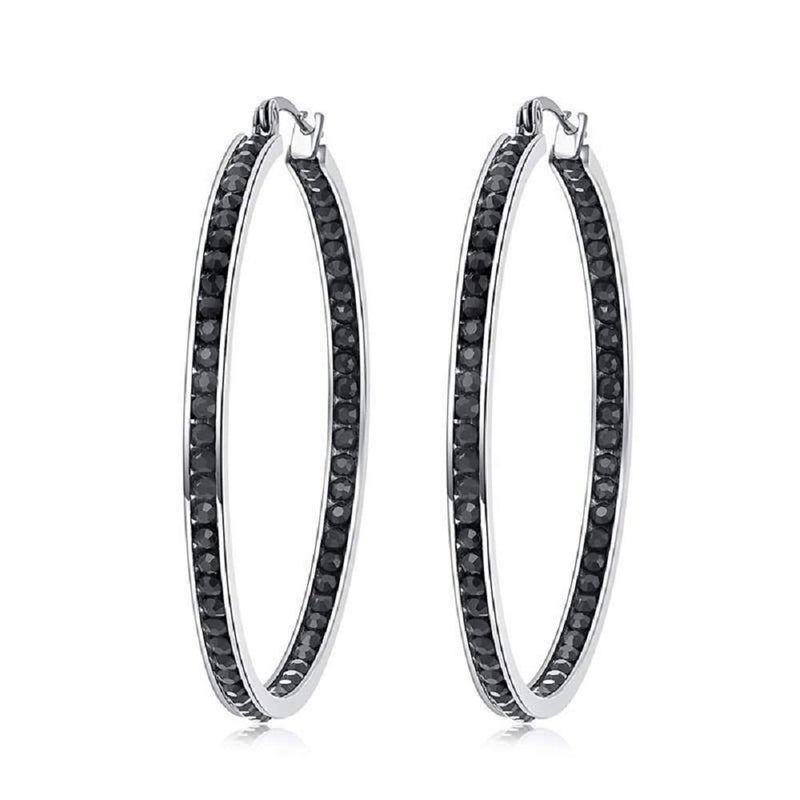 CiNily Ladies Earring Hoops-Stainless Steel Hoop Earrings for Women Black Cubic Zirconia Large Big Hoop Earrings 2" - Image 1