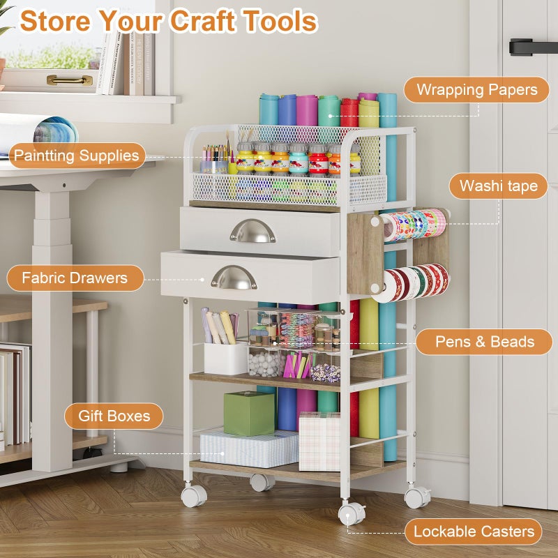 Rsaayekkt Rolling Craft Storage Cart with 2 Small Fabric Drawers & Lockable Wheels, DIY Organizer for Wrapping Paper, Paints, Brushes, Craft Supplies, Multi-Tier Craft Cart Tape Holder, 16.54x11.4x32.68 Inches - Image 3