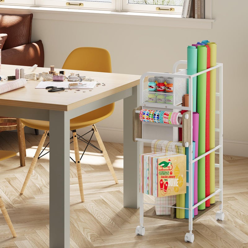 Rsaayekkt Rolling Craft Storage Cart with 2 Small Fabric Drawers & Lockable Wheels, DIY Organizer for Wrapping Paper, Paints, Brushes, Craft Supplies, Multi-Tier Craft Cart Tape Holder, 16.54x11.4x32.68 Inches - Image 5