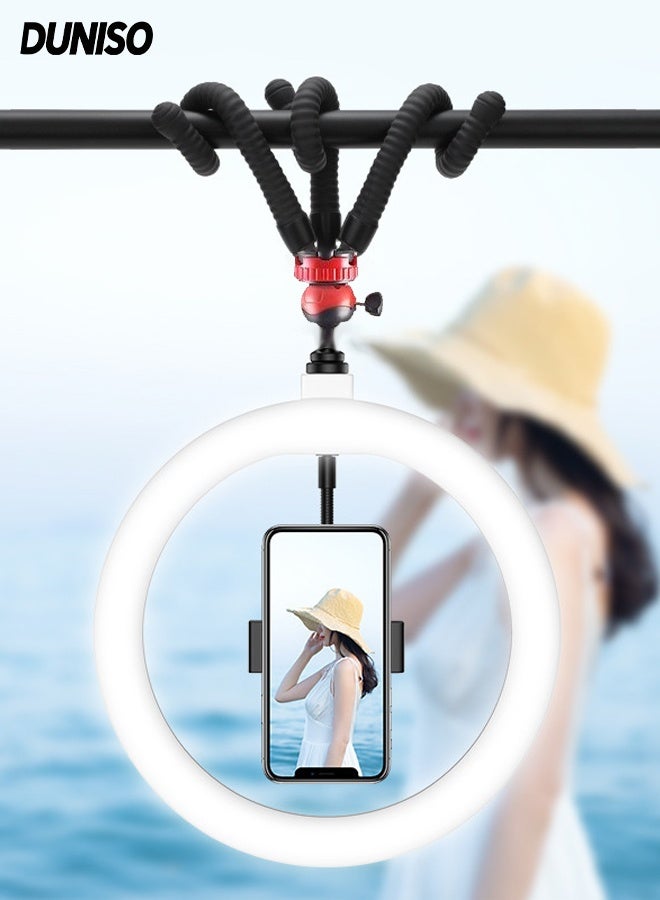 DUNISO Flexible Mini Tripod Holder Travel Portable and Flexible Phone Stand Holder with 10Inch Fill Light, Phone Clip and Bluetooth Remote 360 Degree Free Adjustment Octopus Bendy Legs Grip Phone Stand - Image 1