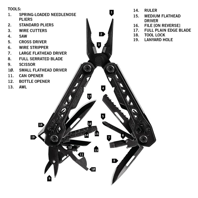 Gerber Gerber Gear Truss 17-in-1 EDC Needle Nose Pliers Multi tool - includes Pocket Knife, Screwdriver, and Bottle Opener Accessories - Gifts for Men, Fishing and Camping Gear - Black with Molle Sheath  - Image 5