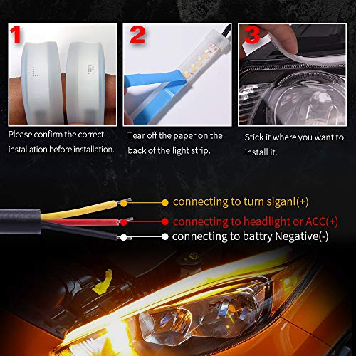 MICTUNING LED Headlight Surface Strip Tube Light 24 Inch DRL White & Amber Daytime Running Light Switchback Sequential Turn Signal Light Universal Flexible LED Lamp Strip 2Pcs - Image 5