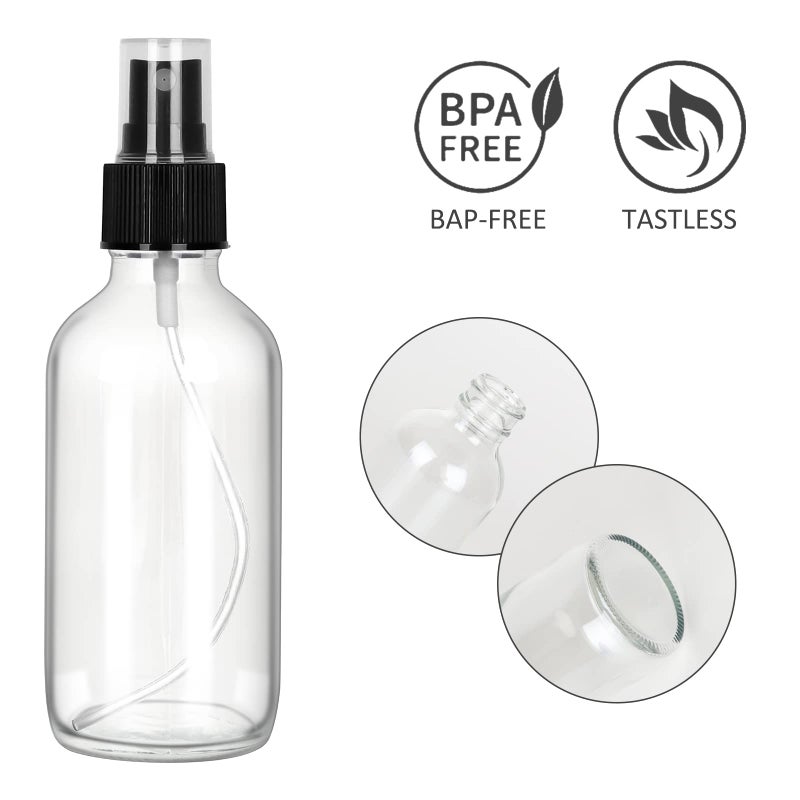 CycleMore 25 Pack 4oz Clear Glass Spray Bottles with Fine Mist Sprayers, Glass Travel Bottles for Cosmetic Essential Oils Cleaning Solutions Perfumes & More Liquids (1 Brush, 2 Funnels and 36 Labels) - Image 4