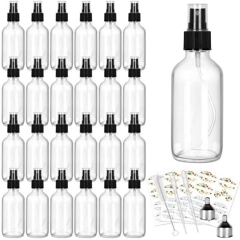 CycleMore 25 Pack 4oz Clear Glass Spray Bottles with Fine Mist Sprayers, Glass Travel Bottles for Cosmetic Essential Oils Cleaning Solutions Perfumes & More Liquids (1 Brush, 2 Funnels and 36 Labels) - Image 1