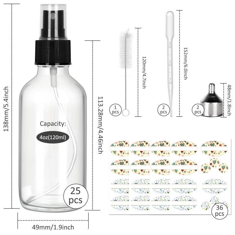 CycleMore 25 Pack 4oz Clear Glass Spray Bottles with Fine Mist Sprayers, Glass Travel Bottles for Cosmetic Essential Oils Cleaning Solutions Perfumes & More Liquids (1 Brush, 2 Funnels and 36 Labels) - Image 2