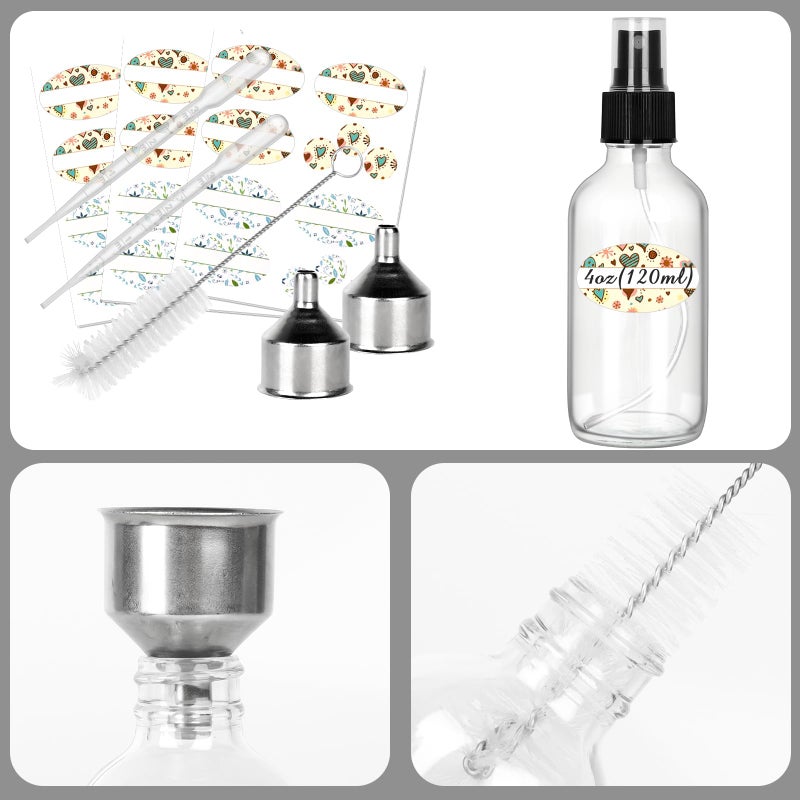 CycleMore 25 Pack 4oz Clear Glass Spray Bottles with Fine Mist Sprayers, Glass Travel Bottles for Cosmetic Essential Oils Cleaning Solutions Perfumes & More Liquids (1 Brush, 2 Funnels and 36 Labels) - Image 3