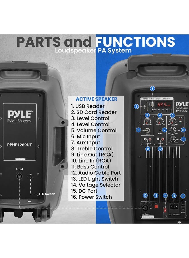 Pyle Powerful Wireless Sound 400W Portable Bluetooth PA Speaker - 12" Rechargeable Indoor/Outdoor Audio System w/Party Lights, Digital Display, FM/AUX/MP3/USB/SD, Handle, Wheels, Microphone, Remote - Image 2