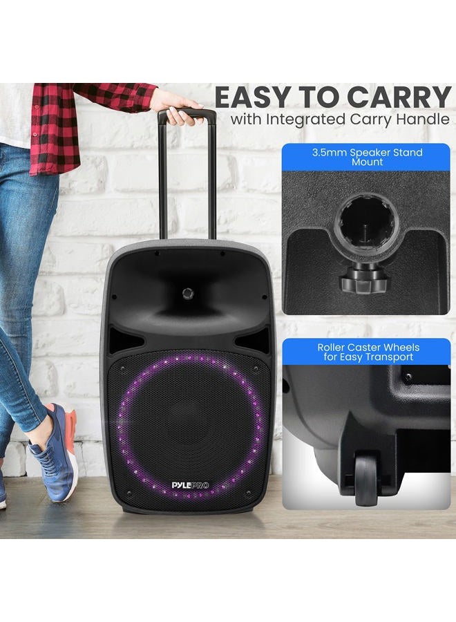 Pyle Powerful Wireless Sound 400W Portable Bluetooth PA Speaker - 12" Rechargeable Indoor/Outdoor Audio System w/Party Lights, Digital Display, FM/AUX/MP3/USB/SD, Handle, Wheels, Microphone, Remote - Image 5