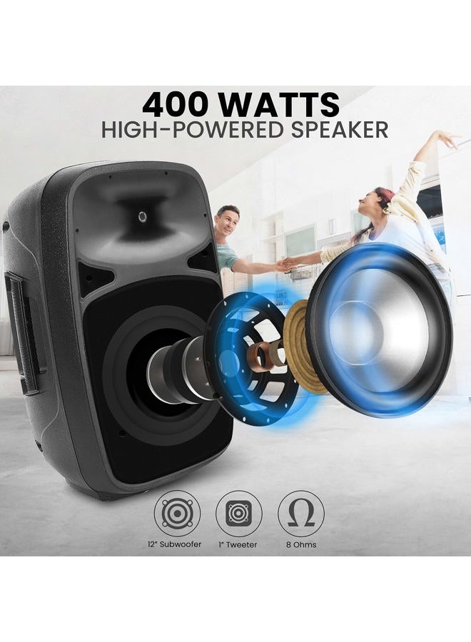 Pyle Powerful Wireless Sound 400W Portable Bluetooth PA Speaker - 12" Rechargeable Indoor/Outdoor Audio System w/Party Lights, Digital Display, FM/AUX/MP3/USB/SD, Handle, Wheels, Microphone, Remote - Image 3
