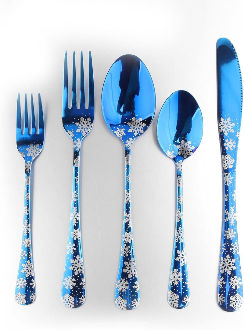 DECFINE 20 Pieces Stainless Steel Flatware Set for 4 People Knives Forks Spoons Set, Christmas Snowflake Pattern Design, Mirror Polish and Dishwasher Safe Blue Silverware Set (20, Blue-Snowflake) - Image 2