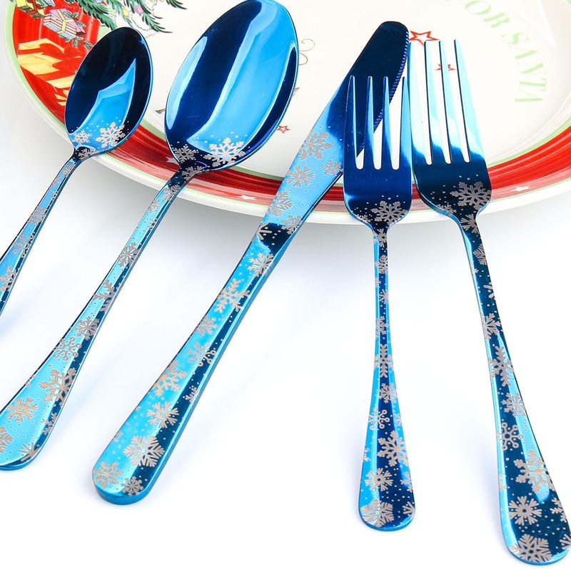 DECFINE 20 Pieces Stainless Steel Flatware Set for 4 People Knives Forks Spoons Set, Christmas Snowflake Pattern Design, Mirror Polish and Dishwasher Safe Blue Silverware Set (20, Blue-Snowflake) - Image 3