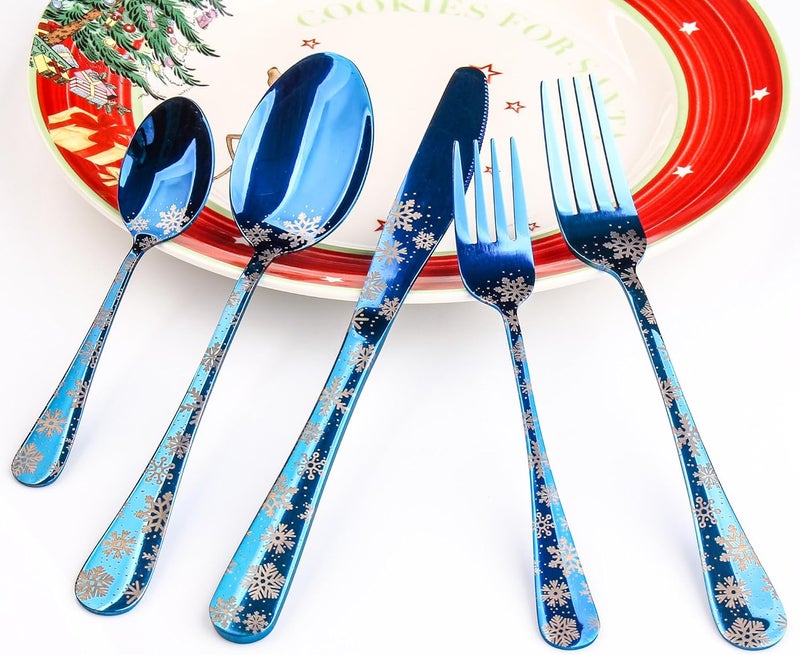 DECFINE 20 Pieces Stainless Steel Flatware Set for 4 People Knives Forks Spoons Set, Christmas Snowflake Pattern Design, Mirror Polish and Dishwasher Safe Blue Silverware Set (20, Blue-Snowflake) - Image 1