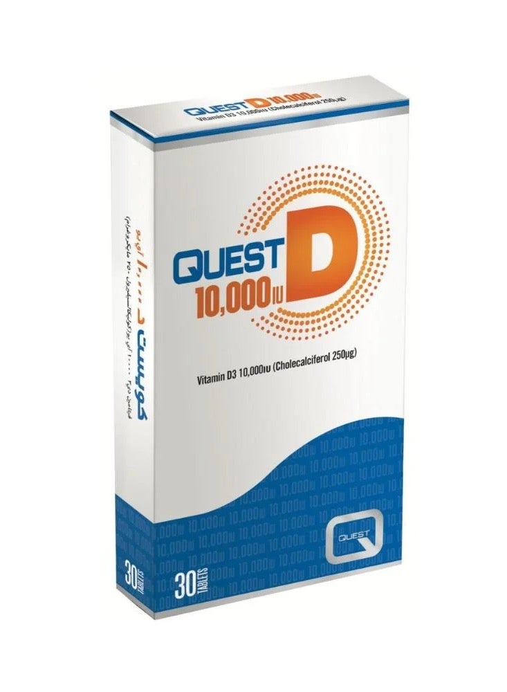 كويست D3 بتركيز 10,000 وحدة دولية يوفر جرعة قوية من فيتامين D3 (كوليكالسيفيرول) لدعم صحة العظام، وتقوية المناعة، وتحسين وظائف العضلات. مثالي لمن يعانون من نقص فيتامين د أو احتياج مرتفع بسبب قلة التعرض للشمس أو التقدم في العمر.