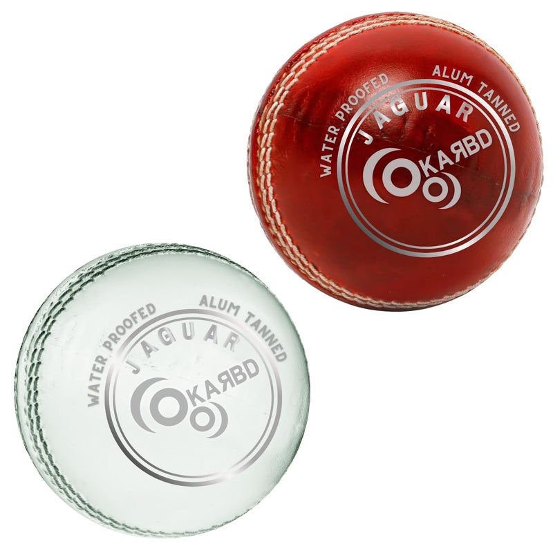 KARBD Cricket Ball Leather 4 Piece Professional Hand Stitching Waterproof Coating Season Ball for Tournament Club Matches (20 to 30 Overs, Jaguar Red & White, Combo Pack Set of 2) - Image 1