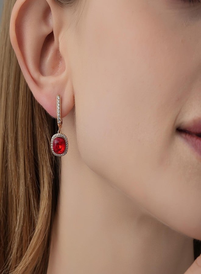 EVEVIC Austrian Crystal Square Cushion Halo Drop Huggie Hoop Earrings for Women 14K Gold Plated Hypoallergenic Jewelry (Red) - Image 2