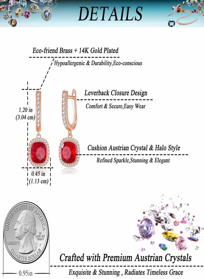 EVEVIC Austrian Crystal Square Cushion Halo Drop Huggie Hoop Earrings for Women 14K Gold Plated Hypoallergenic Jewelry (Red) - Image 4