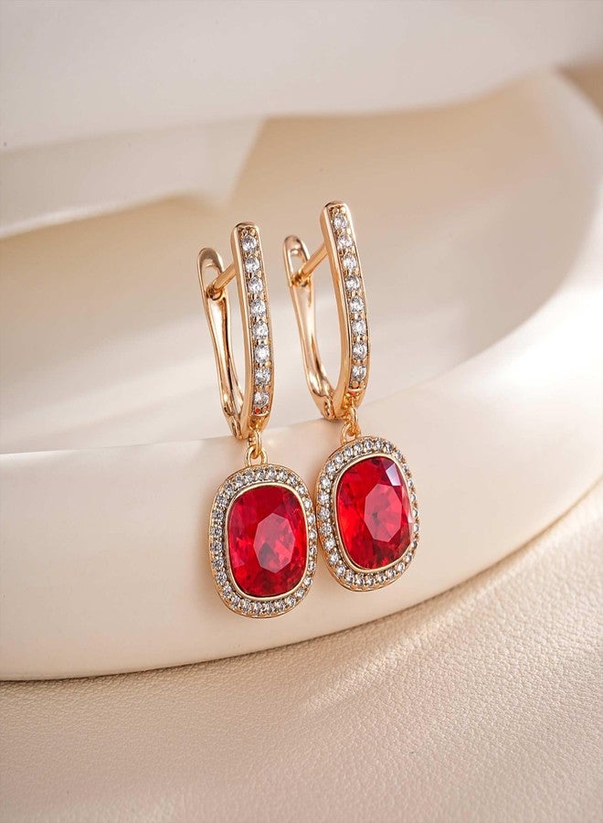 EVEVIC Austrian Crystal Square Cushion Halo Drop Huggie Hoop Earrings for Women 14K Gold Plated Hypoallergenic Jewelry (Red) - Image 3