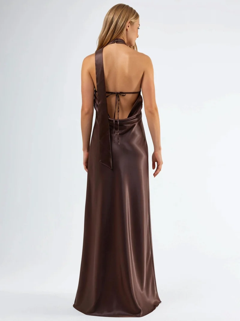 HICCUP Dark Mocha Brown Halter Neck Maxi Dress with Shawl-detail for Women | Best Price UAE