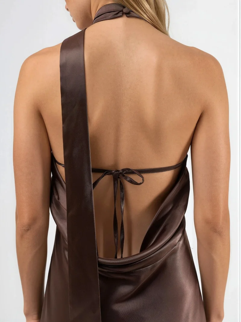 HICCUP Dark Mocha Brown Halter Neck Maxi Dress with Shawl-detail for Women | Best Price UAE