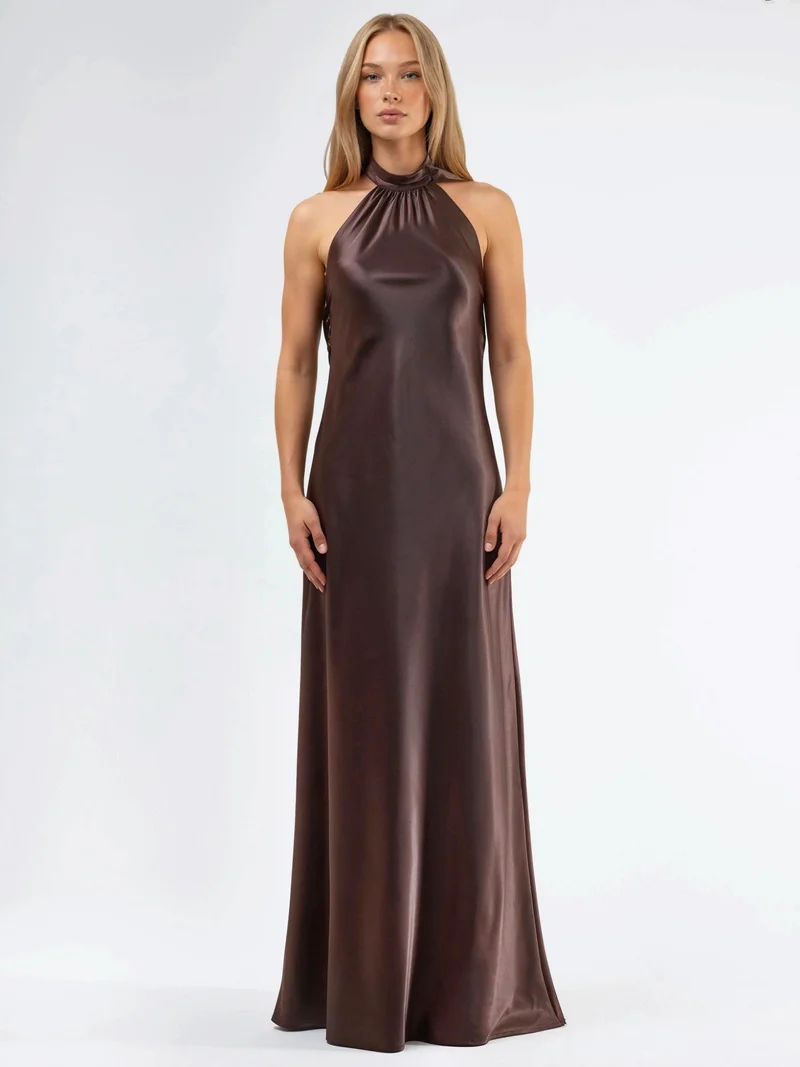 HICCUP Dark Mocha Brown Halter Neck Maxi Dress with Shawl-detail for Women | Best Price UAE
