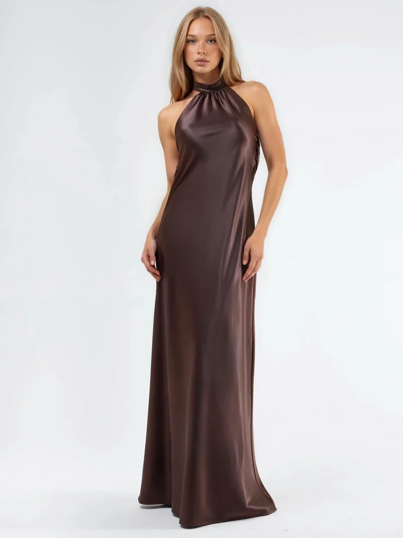 HICCUP Dark Mocha Brown Halter Neck Maxi Dress with Shawl-detail for Women | Best Price UAE