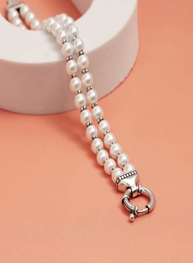 LeCalla سوار ليتشالا من الفضة الإسترلينية 925 مع لؤلؤة قشرية مستديرة للنساء، سوار لؤلؤ مزدوج الشريط قابل للتمدد - Image 4