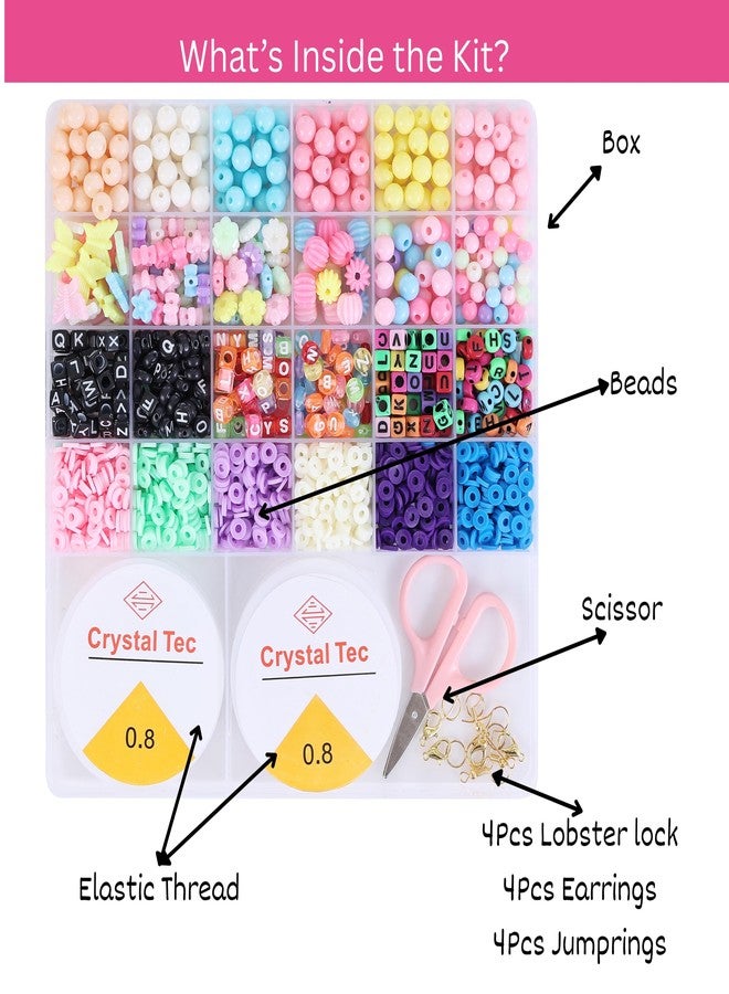 ambitieux Bracelet Making Kit for Girls | DIY Jewellery Craft Set with 24 Types of Beads, Elastic Rolls & Scissors | Creative Art & Craft Gift Toy for Kids Girls Age 4–12 Years (8mm Opaque with Clay) - Image 2