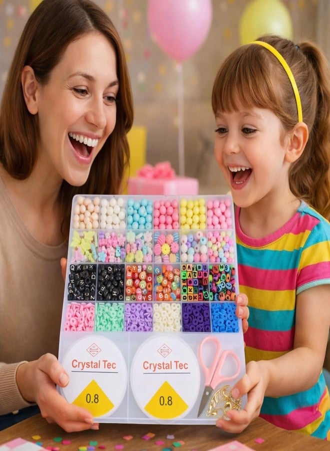 ambitieux Bracelet Making Kit for Girls | DIY Jewellery Craft Set with 24 Types of Beads, Elastic Rolls & Scissors | Creative Art & Craft Gift Toy for Kids Girls Age 4–12 Years (8mm Opaque with Clay) - Image 3