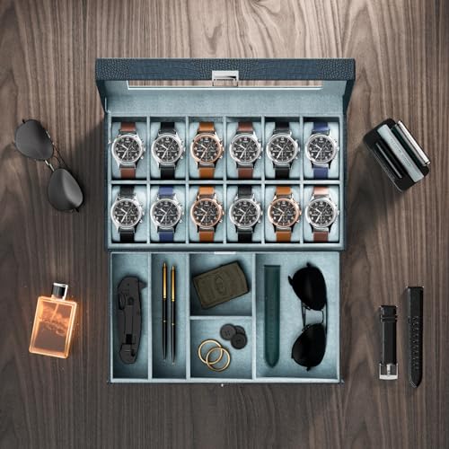 ProCase Watch Box for Men, 12 Slot Mens Watch Case With Drawer, Watch Display Case With Glass Lid, 2-Layer Watch Holder Organizer, Jewelry and Watch Storage for Men Women -12Slot, MidnightGreen - Image 4