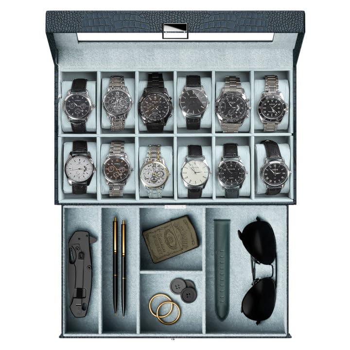 ProCase Watch Box for Men, 12 Slot Mens Watch Case With Drawer, Watch Display Case With Glass Lid, 2-Layer Watch Holder Organizer, Jewelry and Watch Storage for Men Women -12Slot, MidnightGreen - Image 1