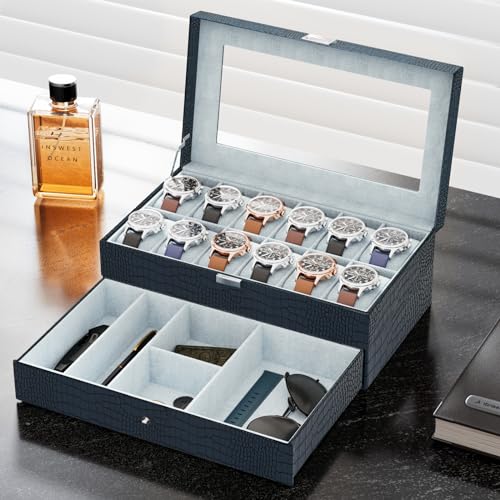 ProCase Watch Box for Men, 12 Slot Mens Watch Case With Drawer, Watch Display Case With Glass Lid, 2-Layer Watch Holder Organizer, Jewelry and Watch Storage for Men Women -12Slot, MidnightGreen - Image 3