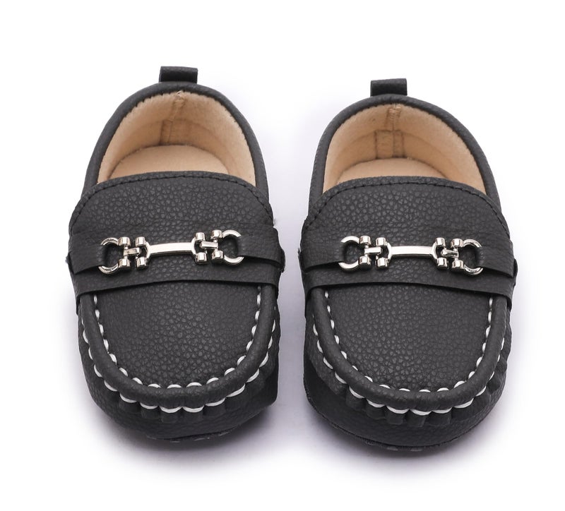 LONSOEN Infant Shoes Boys Loafers Baby Girls Crib Moccasins Classic Synthetic Leather Wedding Dress Shoes,BAY209 Black 0-6 Months - Image 4