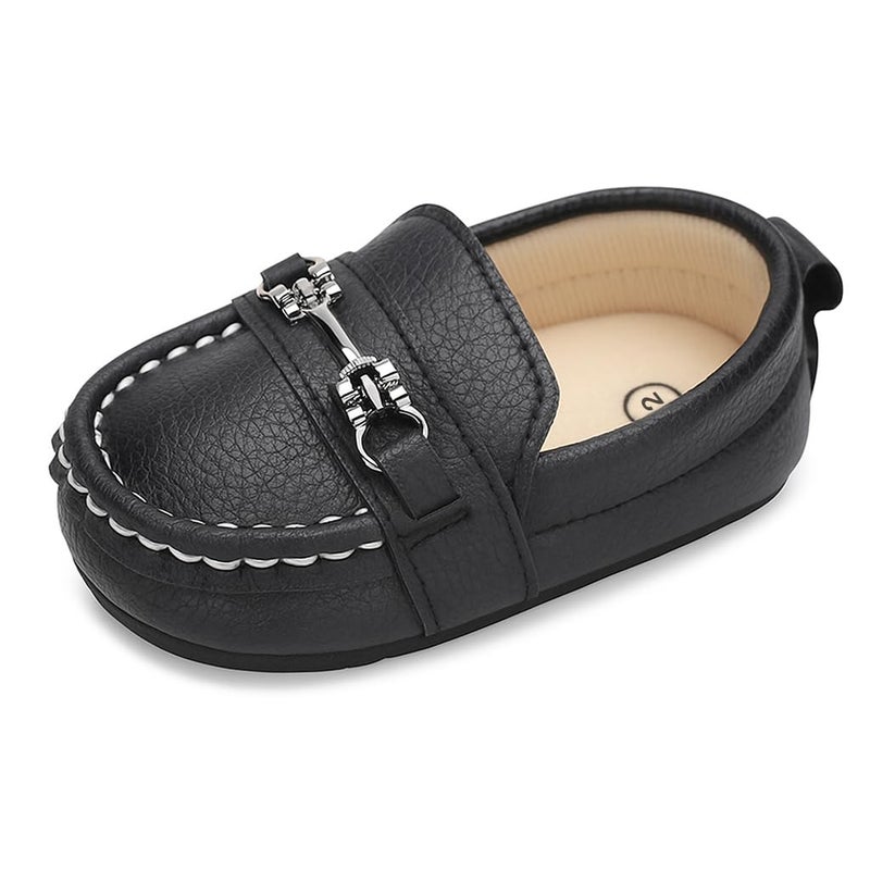 LONSOEN Infant Shoes Boys Loafers Baby Girls Crib Moccasins Classic Synthetic Leather Wedding Dress Shoes,BAY209 Black 0-6 Months - Image 1