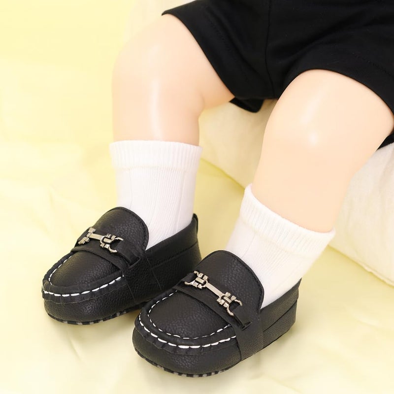 LONSOEN Infant Shoes Boys Loafers Baby Girls Crib Moccasins Classic Synthetic Leather Wedding Dress Shoes,BAY209 Black 0-6 Months - Image 3