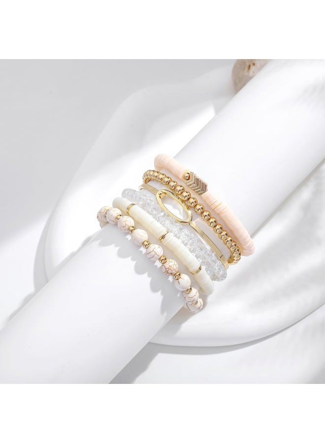 GOOJIDS Surfer Heishi Clay Bead Bracelets for Women Bohemian Stackable Gold Plated Beaded Stretch Bracelets Elastic Layering Friendship Bracelets Set Boho Jewelry, Medium, Polymer clay, no gemstone - Image 2