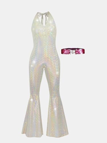 Nawgut Disco Outfit 70s 80s Prom Sparkle Flare Jumpsuit Party Costume Halloween Cosplay For Adult Women-Small - Image 2