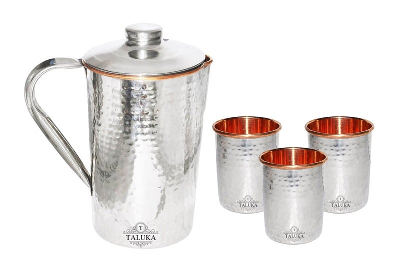 Taluka إبريق نحاسي مطروق من الفولاذ المقاوم للصدأ بحجم 5 × 9 بوصات سعة 1700 مل مع 3 أكواب زجاجية سعة 300 مل لتخزين المشروبات - Image 1