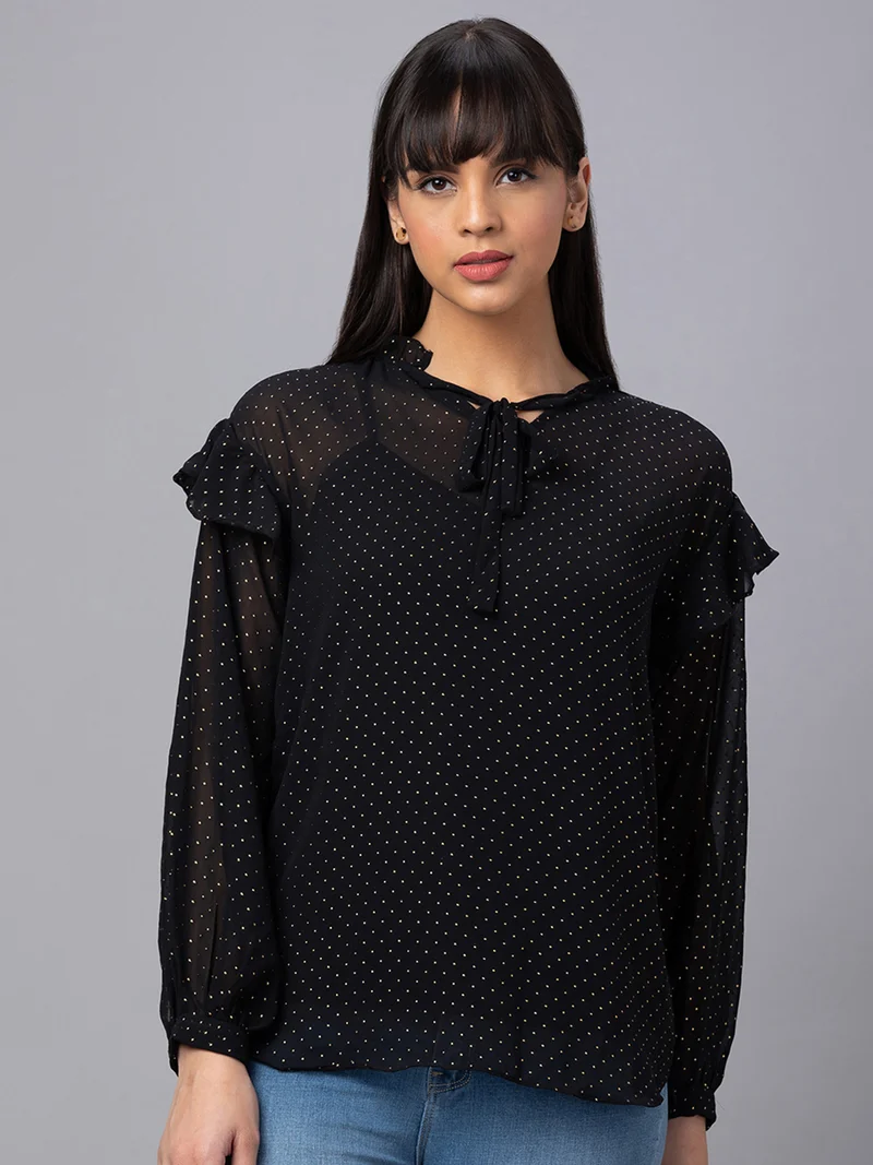 globus Globus Women Black Printed Tie-Up Neck Top