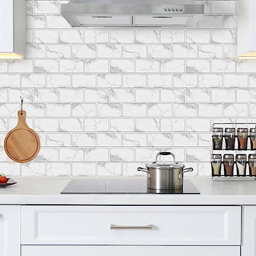 URCOLOR 10Sheet Backsplash Tile for Kitchen Peel and Stick12x12 Self Adhesive Wall Tiles on Back Splashes for Bathroom White Marble Look - Image 3