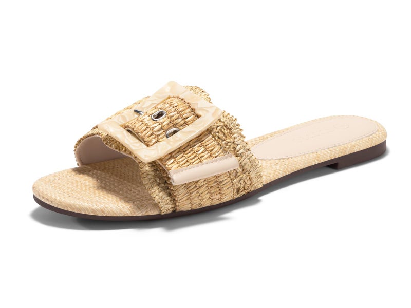 Coutgo Womens Flat Sandals Raffia Slip On Slide Sandal Square Open Toe Buckle Summer Beach Shoes Flats, Apricot, Size 7 - Image 1