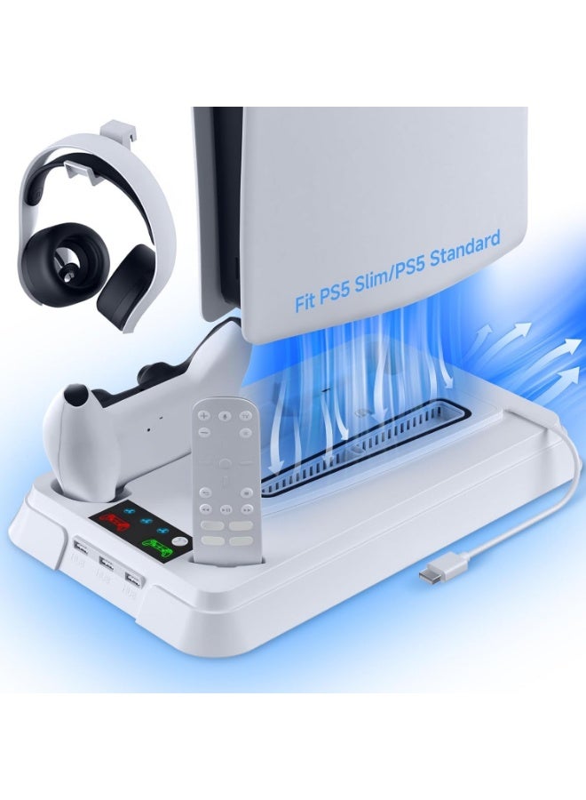 MAKINGTEC PS5 Slim Stand and Cooling Station with Dual Controller Charging Station for Playstation 5 Slim Console, Controller Charger, 3 Speeds Cooling Fan, Headset Holder, RGB Lights & 3 USB Ports - Image 1