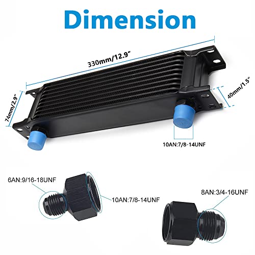 HTRACING 10 Row AN10 10AN Transmission Oil Cooler Kit Stacked Plate With 6AN 8AN Adapter Universal Engine Transmission British Radiator Oil Cooler Condenser Aluminium Alloy Black - Image 2