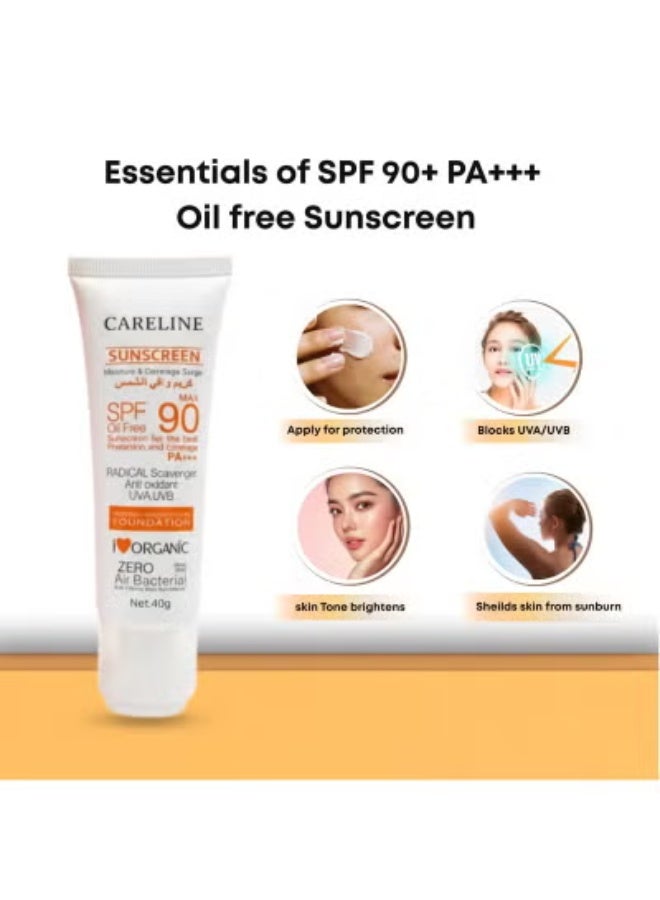 Careline Sunscreen SPF 90 PA+++ for Face, Oil-Free Foundation with Moisturizing Coverage (40g) - Image 3